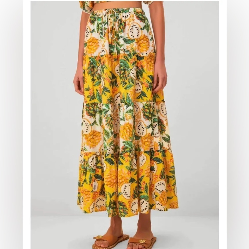 Farm Rio Biriba Tropical Fruit Print Maxi Skirt Yellow Green Size M NWT